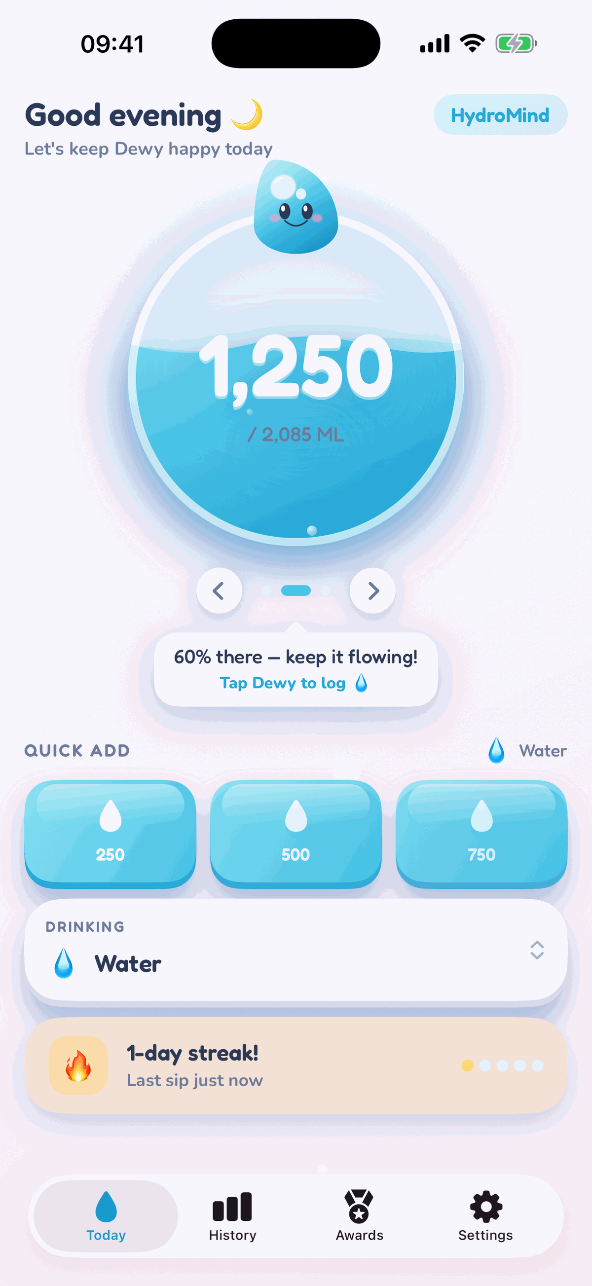 HydroMind Today screen